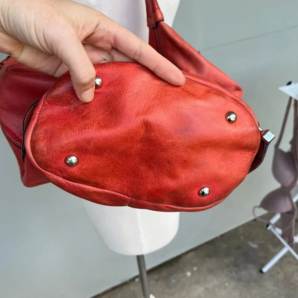 VTG B. Makowsky Coral Red Leather Hobo Bag | Slouchy Bucket Shoulder Purse